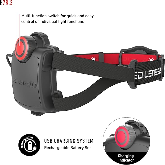 Ledlenser H7R.2 Rechargeable Headlamp - Black - Advanced Focus System & High Power LED Headlamp - Dual Power Source & Head Light LED - 300 Lumens Tactical Helmet Light