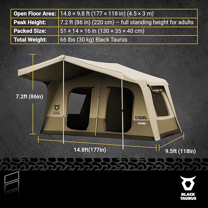 Turbo Heavy-Duty Camping Tent – Quick-Setup 4-Season Family Tent with Waterproof 150D Shell & Instant Frame – Choose Capacity (HD 300/HD 450) & Color