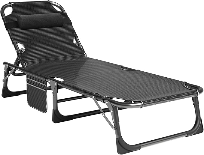 LILYPELLE Portable Folding Cot Bed, Adjustable 5-Position Adults Reclining Chaise with Pillow, Outdoor Portable Lounge Chair Sleeping Cot for Camping, Pool, Beach, Patio