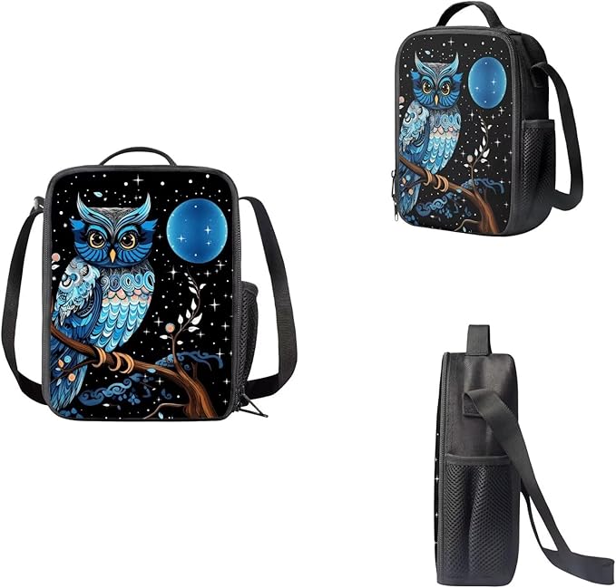 3 Set of Blue Owl and Moon Printing Book Bag, Matching Portable Lunch Box and Large Capacity Pencil Case, 17 inch School Backpack with Sturdy Handle Double Zipper