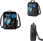 3 Set of Blue Owl and Moon Printing Book Bag, Matching Portable Lunch Box and Large Capacity Pencil Case, 17 inch School Backpack with Sturdy Handle Double Zipper