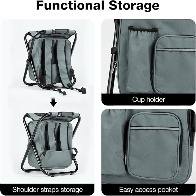 Portable Backpack Stool Cooler Chair for Adults, Folding Large 3 in 1 Multifunction Insulated Camping Seat Backpack Cooler Chair Heavy Duty 350lbs for Fishing Hunting, Gray