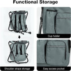 Portable Backpack Stool Cooler Chair for Adults, Folding Large 3 in 1 Multifunction Insulated Camping Seat Backpack Cooler Chair Heavy Duty 350lbs for Fishing Hunting, Gray