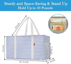 LHZK 2 Pack Extra Large Utility Tote Bag with Metal Wire Frame and the Sides Rinforced, Extra Large Tote Bag with Handle for Pool Beach Laundry Storage (Blue)