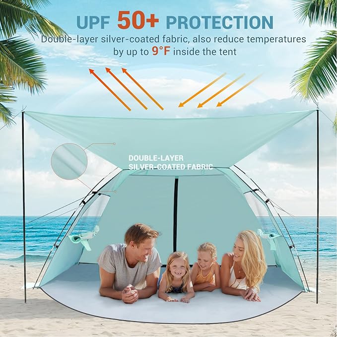 Elegear CumbreX™ Beach Tent Sun Shelter with Canopy, 4-5 Person Pop Up Beach Tent, Easy Setup UPF 50+ UV Protection Portable Lightweight Double Silver Coating Cabana Sun Shade Shelter - Green