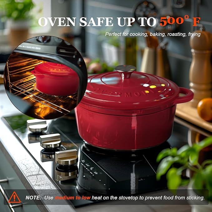 Overmont 5.5QT Enameled Cast Iron Dutch Oven with Lid Cookbook Heavy-Duty Casserole with Dual handles for Braising, Stews, Roasting, Bread Baking