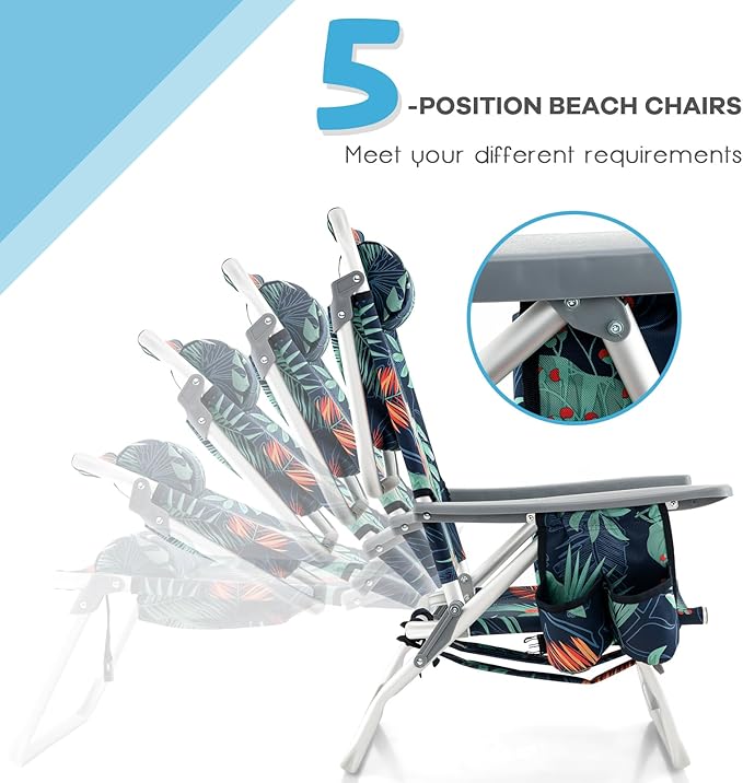 Goplus Beach Chair, Folding Backpack Beach Chairs for Adults with 5 Positions, Head Pillow, Cooler Bag, Towel Bar, Cup Holders, Sunbath Sling Tanning Lounge, Foldable Layout Camping Chairs