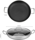 Tri-Ply Stainless Steel Paella Pan Large Saute Pan with Lid (Stainless Steel, Hybrid 13.5 INCH)