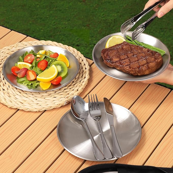 Portable Tableware Set, Stainless Steel Camping Utensils with Storage Bag for Outdoor Picnic Hiking