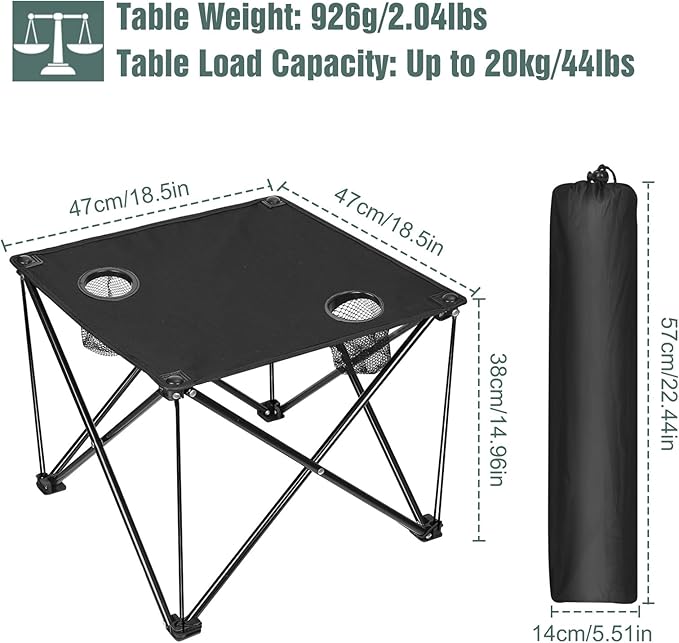 Folding Camping Table with 2 Cup Holders, Portable Picnic Table 600D Oxford Fabric, Lightweight Beach Table with Carrying Bag for Outdoor, Camping, Picnic, Beach, BBQ