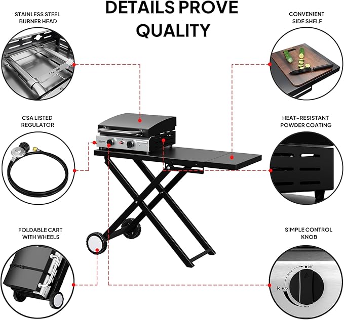 Bonnlo Foldable Flat Top Grill with 2 Burner & Lid, Powerful 20,000 BTU Propane Gas Grills with Ignition, Enamel Griddle, Side Shelf & Portable Cart with Wheels for Outdoor Camping Hibachi Grill Use