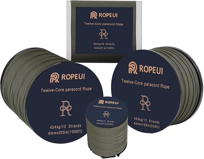 1000lb Paracord, 5/32" (4mm) 12 Strand Nylon Tactical Parachute Cord, 100ft–1000ft Utility Rope for Survival, Camping, Hiking, Outdoor Crafting, Bracelets & Clothesline