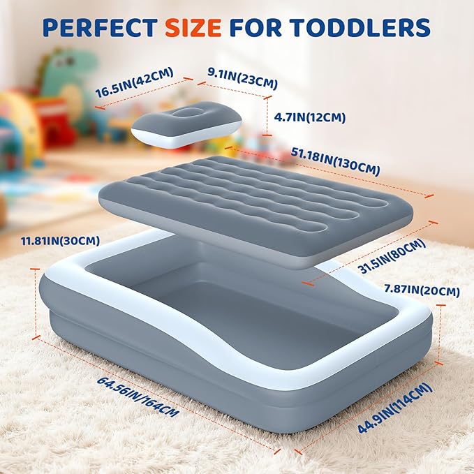 Inflatable Toddler Travel Bed - 64 Inches Grey Kids Air Mattress with Safety Sides & Fast Electric Pump - Portable Toddler Bed for Travel & Camping & Sleeping with Carry Bag