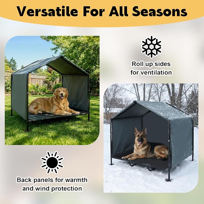 Outdoor Dog House for Large Dogs, Raised Dog Bed with Removable Waterproof Shade Cover, Portable Pet Shelter for Camping, Patio & Yard