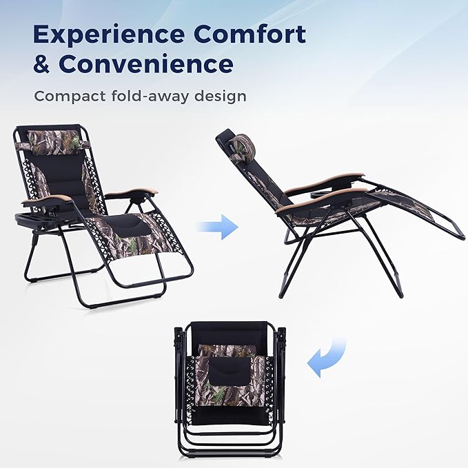 MAISON ARTS Oversized XXL Padded Zero Gravity Lawn Chairs Set of 2 Foldable Recliners Anti Gravity Lounge Chairs 30" Wide Seat Outdoor Camp Chairs for Poolside Yard,Support 400lbs, Camouflage