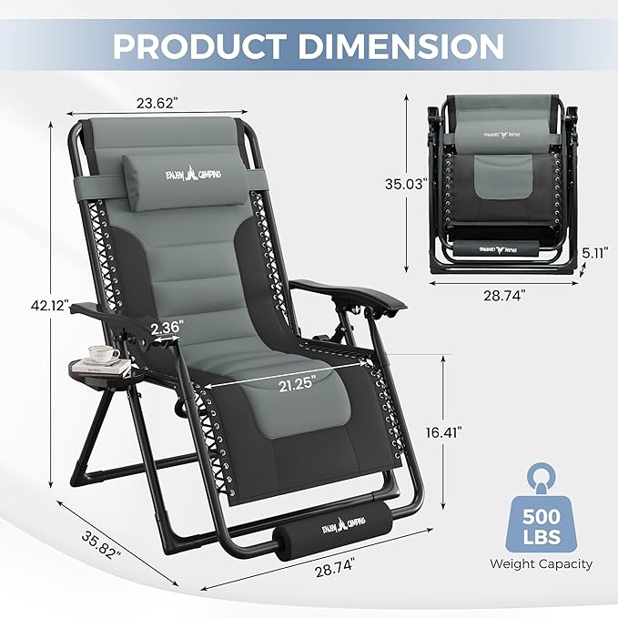 UDPATIO Zero Gravity Chair Oversized Outdoor Anti Gravity Chairs Indoor Patio Lounge Folding Adjustable Chair with Cup Holder, Foot Pad & Padded Headrest, Supports 500lbs (2, Black/Gray, 29in)