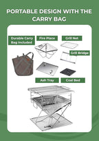 CAMPINGMOON 3 in 1 Portable Fire Pit 12 inch Foldable Stainless Steel Wood Burning Camping Stove BBQ Grill for 3 People Adjustable Height Outdoor Cooking Campfire Carry Bag included MT-035