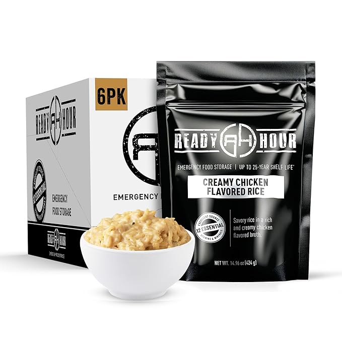 Ready Hour Creamy Chicken Flavored Rice Case Pack – Freeze-Dried Emergency Food with a Long 25-Year Shelf Life, Shelf-Stable Camping Meal and Survival Kit, – 24 Servings (6 Pouches)