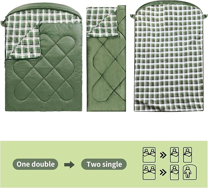 ShinHye Double Sleeping Bag for Adults with 2 Pillows, Camping Sleeping Bags Flannel Cotton 2 Person Sleeping Bags XXL Queen Size Sleeping Bag for Cold Weather