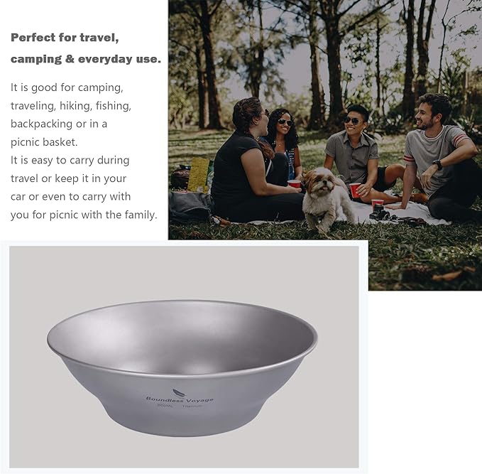 Boundless Voyage Ultralight Titanium Bowl Pan Plate Dish with Carry Bag Outdoor Camping Portable Tableware Cookware (Ti15165B (800ml Bowl))