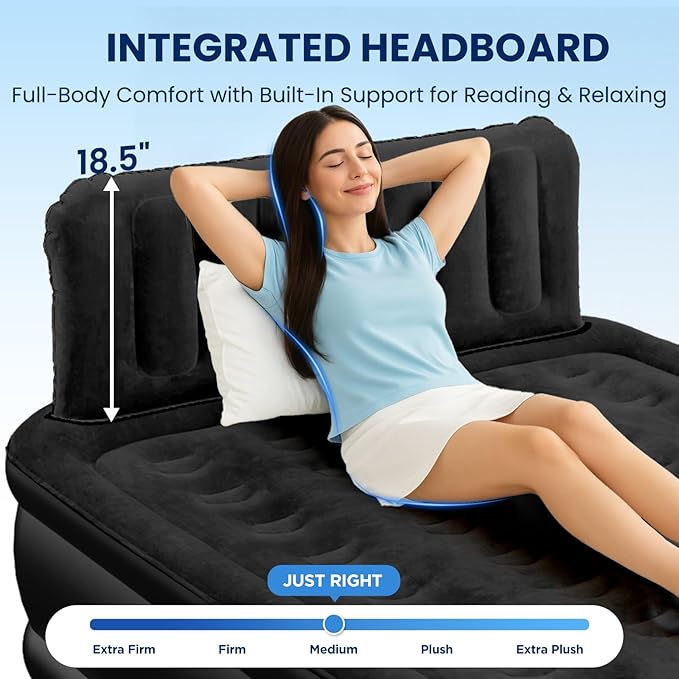 Queen Air Mattress with Headboard, Built-in Pump, 800 lbs Support, Quiet Noiseless Design, 48-Hour Leak-Tested, 3.5 Min Fast Inflation, Portable Blow Up Bed with Carry Bag for Home, Guests & Camping