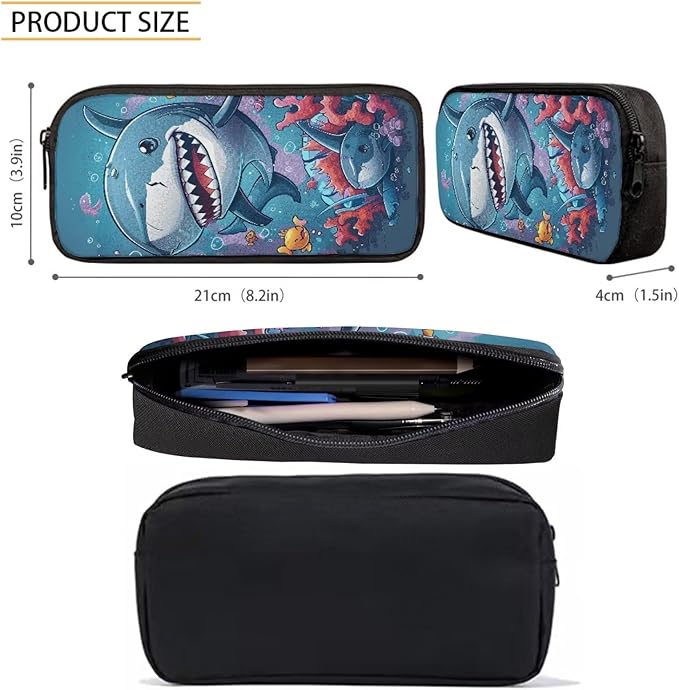 3PCS Cute Shark Fish Sea Print Blue School Bag, 17 Inch Laptop Bookbag Daypack Knapsack Rucksack Lunch Bags Pen Case for College Student