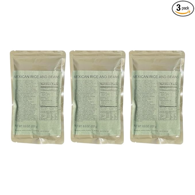 MRE (Meal-Ready-to-Eat) | Single Serving Entree | Emergency Meals | Survival Food | Fresh Dates | Long Shelf Life | Made in USA (3-Pack, Mexican Rice and Beans)