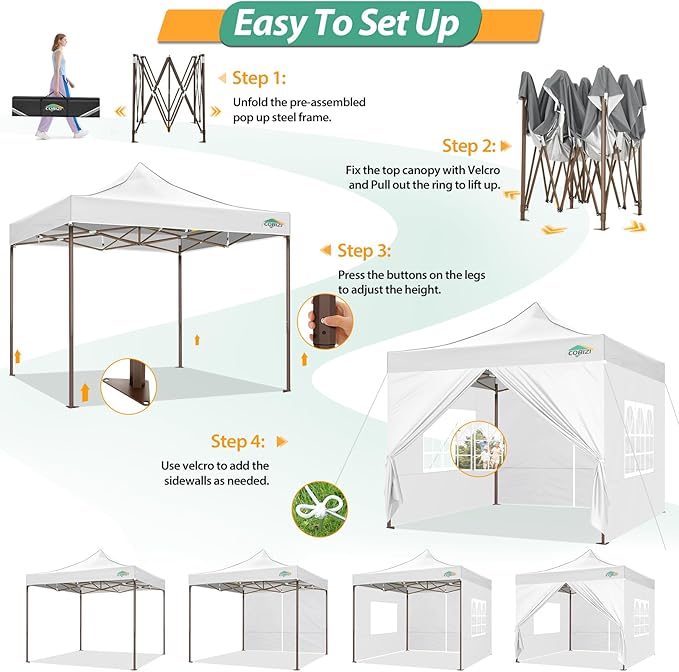 COBIZI 10x10 Pop Up Canopy Tent Heavy Duty with 4 Sidewalls, Commercial Easy Up Instant Canopy Outdoor for Events Party Wedding, All Weather Waterproof UV 50+ with Carry Bag (Leg Upgraded), White