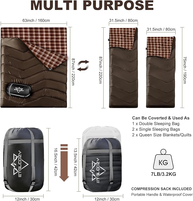 XL Queen Size 2 Person Double Sleeping Bag for Adults, Lightweight Compact with Flannel Liner & Thermolock Draft Tube, Machine Washable All Season Camping Travel