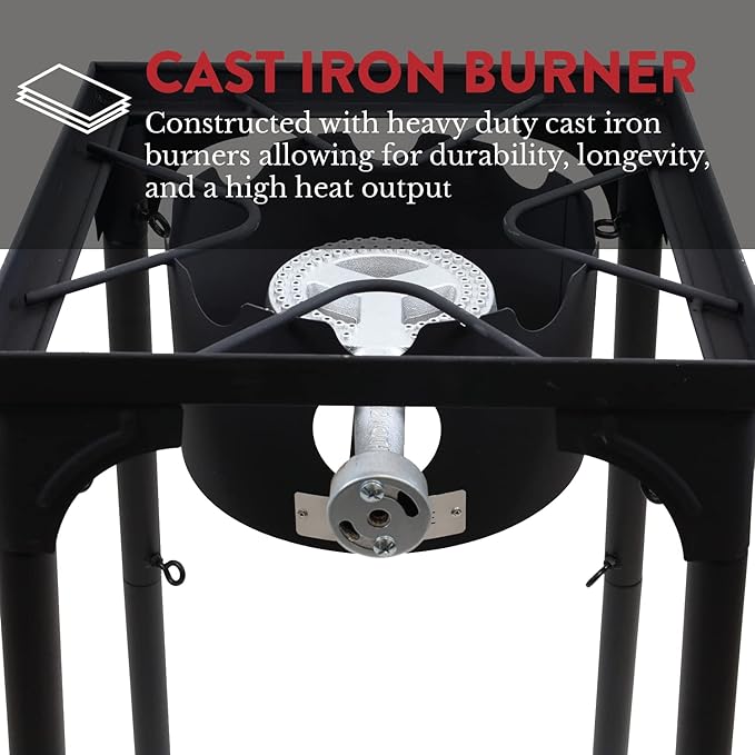 GasOne Propane Single Burner Camp Stove with High Temp Paint & Red QCC Steel Braided Regulator with Height Adjustable Leg