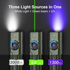 JETBeam E26 Rechargeable EDC Flat Flashlight 4 Constant Brightness Modes+Strobe+1300mW UV+Green Beam Combo,2000 Lumens Portable Pocket Lights,IPX-8,Triple Sources for Outdoors,Emergency,Working