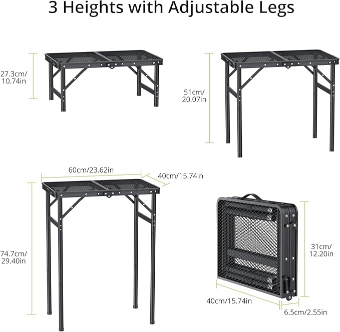 Anbte 2ft Folding Grill Table Max 29.5", 3 Adjustable Height Lightweight Camping Table with Heat-Resistant Mesh Tabletop Portable Handle, Waterproof, for Cooking BBQ Outdoor, 22.8" X 16", Black