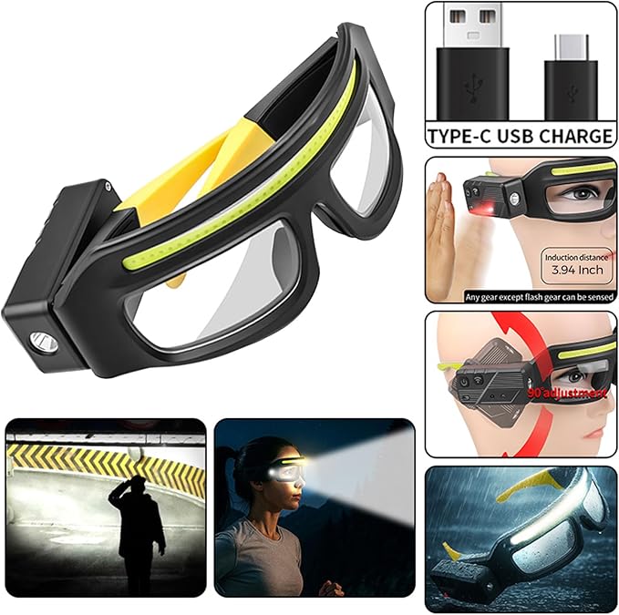 Adjustable Headlamp Glasses With Motion Sensor Rechargeable Headlight Safety Glasses for Camping