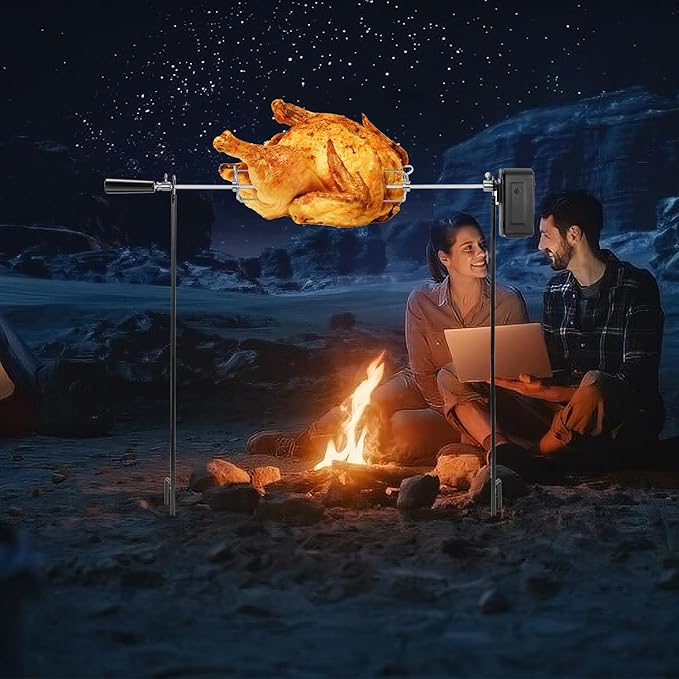 Rotating Rotisserie Grill Kit, Electric Dual Post Open Fire Spit Rotisserie Grill System,Cordless Battery Motor,with Spit Rod,for Outdoor Campfire Grilling,20LBS Capacity