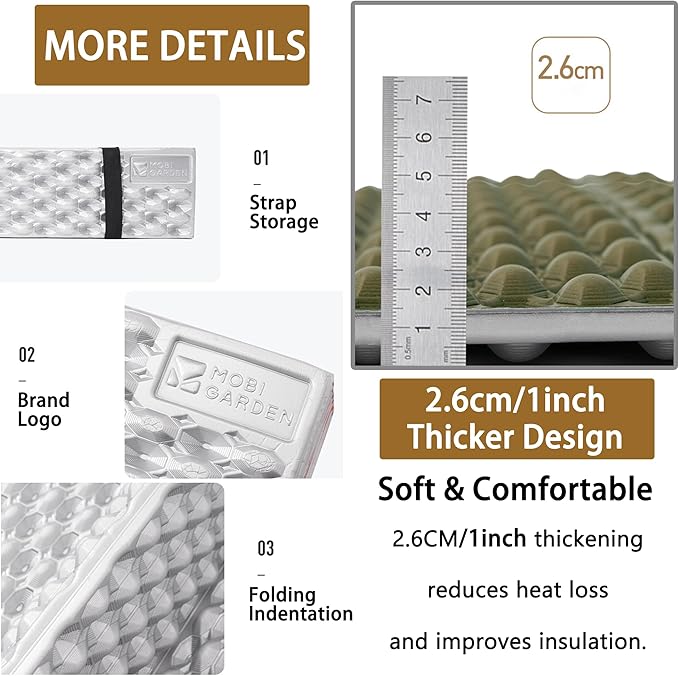 R2.6 3-Season Foam Sleeping Pad, 1inch Thickened Ultralight Closed Cell Camping Mattress with Bandage, Waterproof Thermal Folding Sleeping Pad Suitable for Backpacking, Camping
