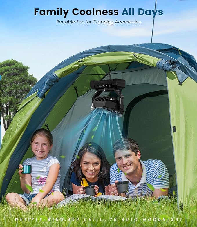 Portable Fan Rechargeable, 60H Long-Lasting Battery Powered Fan - 4 Speeds, 3 Light, Timer, Sleep Mode, Hook, Fans for Camping Gear, Travel Essentials, Tent, RV, Outdoors, Garage, Emergency