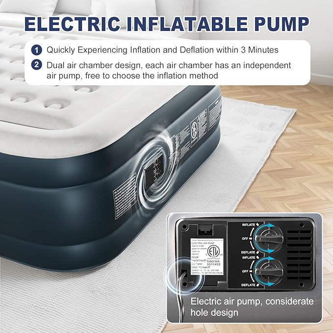 Outvita 18in Queen Air Mattress with Built-in Pump, Quick Assembly Comfort Luxury Blow Up Air Bed Self-Inflation/Deflation - Breathable and Flatness-Free for Guests and Home, Camping, Travel