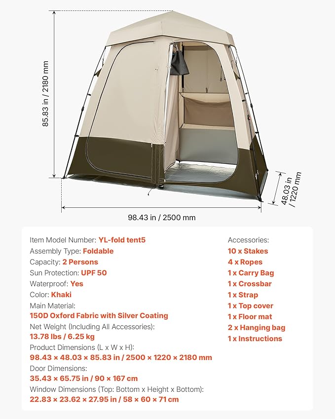 VEVOR Camping Shower Tent, 2-Room Foldable Privacy Tent Changing Room with Ground Stakes, Ropes, Carry Bag, and Crossbar, 150D Oxford Fabric with Silver Coating, for Camping, Beach, and Fishing