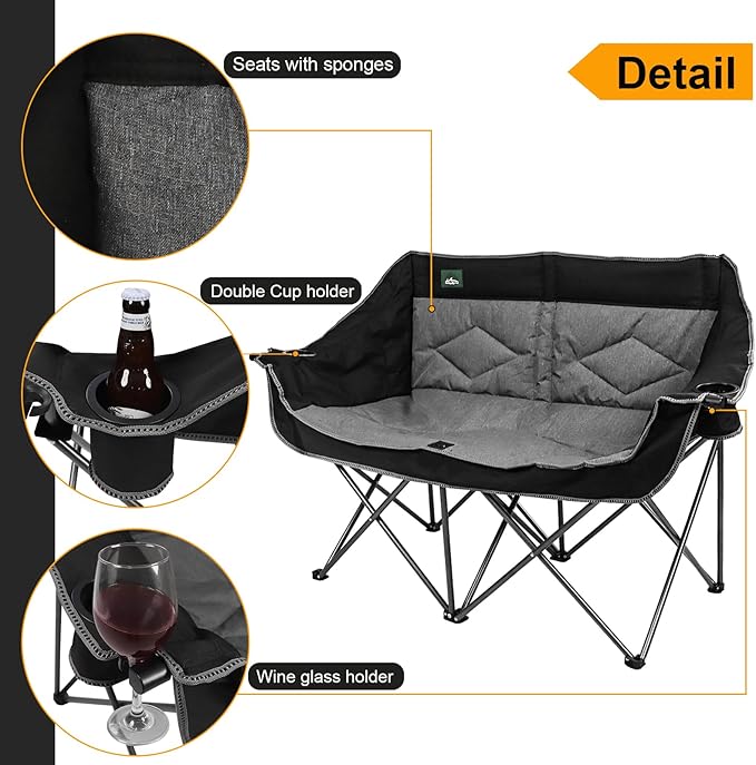 Northroad Folding Loveseat Camping Chair Portable Double Duo Full Padded Garden Chair for 2 Person Sofa w/ 2 Cup Holder,Wine Glass Holder,Mesh Storage,Support 500lbs for Picnic Beach Travel