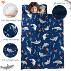 PHF Toddler Nap Mat with Removable Pillow and Minky Fleece Blanket, Rollup Design Warm Slumber Bags for Boys, 52"x20"x2" Kids Sleeping Bag for Daycare Preschool Travel Camping, Shark