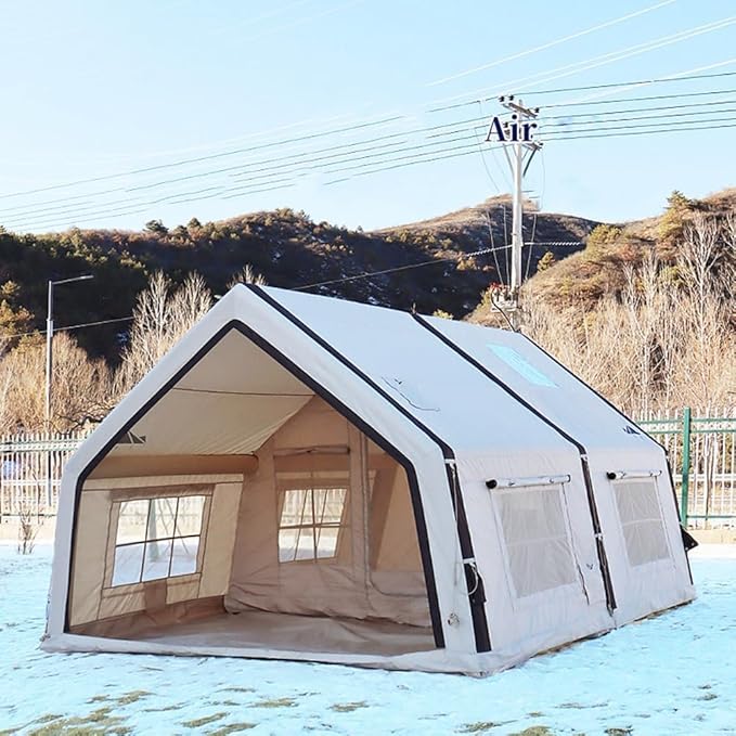 4 Season Inflatable Camping Tent with Separate Living and Sleeping Area,3000mm Waterproof Pop-Up Tent with Pump and Stove Jack Hole,4-6 Person Glamping Tent