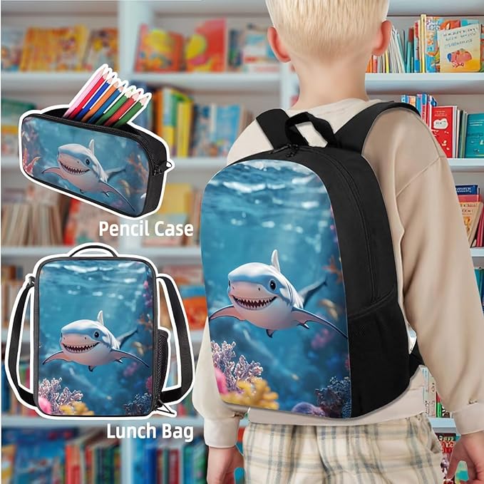 Shark Backpack for Boys With Lunchbox 3 Piece Backpack Set 17 Inch Soft Zipper Pencil Case Kindergarten Elementary Middle Travel Backpacks for Kids Mochilas Escolares Para Niños