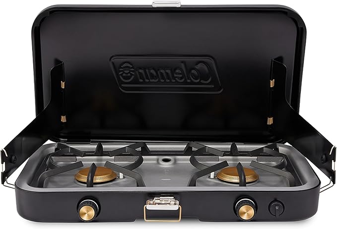 Coleman 1900 Collection 3-in-1 Propane Camping Stove, Cast Iron Grill & Griddle Accessories Included, 24,000 BTUs Across 2 Adjustable Burners with Wind Guards & Matchless Lighting