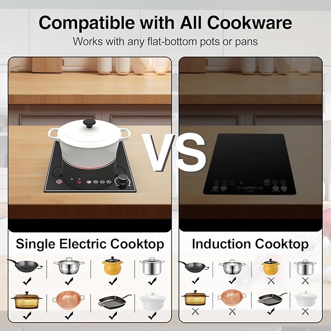 1800W Portable Electric Cooktop – Features touch & knob controls with 10 heat levels, child lock, and timer. 110V for home, camping, and apartments.