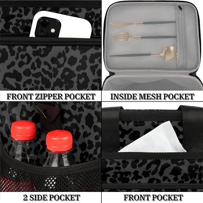 Soft Cooler Bag Black Leopard Print Insulated Lunch Box for Men & Women, Large Leakproof Lunch Bag Portable Beach Cooler for Work, Picnic, Road Trips,Fishing, Travel, Camping