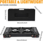 Portable Camping Stove｜24,000 BTU Dual Burner Gas Grill w/Removable Case｜Compact 24.8" Outdoor Cooker for RV Tailgating｜Stainless Steel 2-Burner Propane Stove