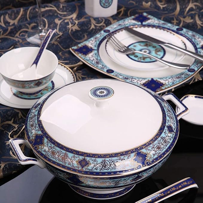 Ceramic Tableware Set with 55 Pieces/Bowl/Soup Pot/Spoon | Bone China Tableware, Blues Garden Pattern Porcelain Combination Set