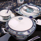 Ceramic Tableware Set with 55 Pieces/Bowl/Soup Pot/Spoon | Bone China Tableware, Blues Garden Pattern Porcelain Combination Set