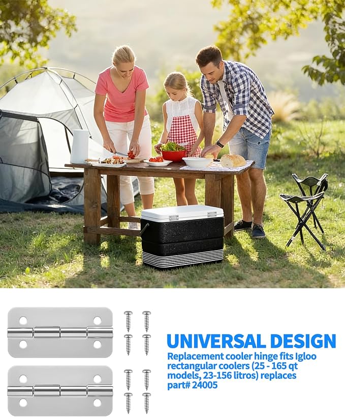 3 PCS Stainless Steel Cooler Hinges Replacement for Igloo Style Ice Chests, Camping Coolers Accessories with Screws, Fits Igloo Rectangular Coolers 25-165 Qt, Replaces Part #24005
