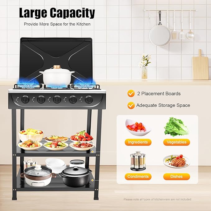Gas Stove 5 Burner, 2500W Portable Natural Gas Stove Outdoor Camping BBQ Stove Gas Cooker with Independent Control and 2 Tier Storage Rack for Camping Picnic Home RV Cooking (Black)